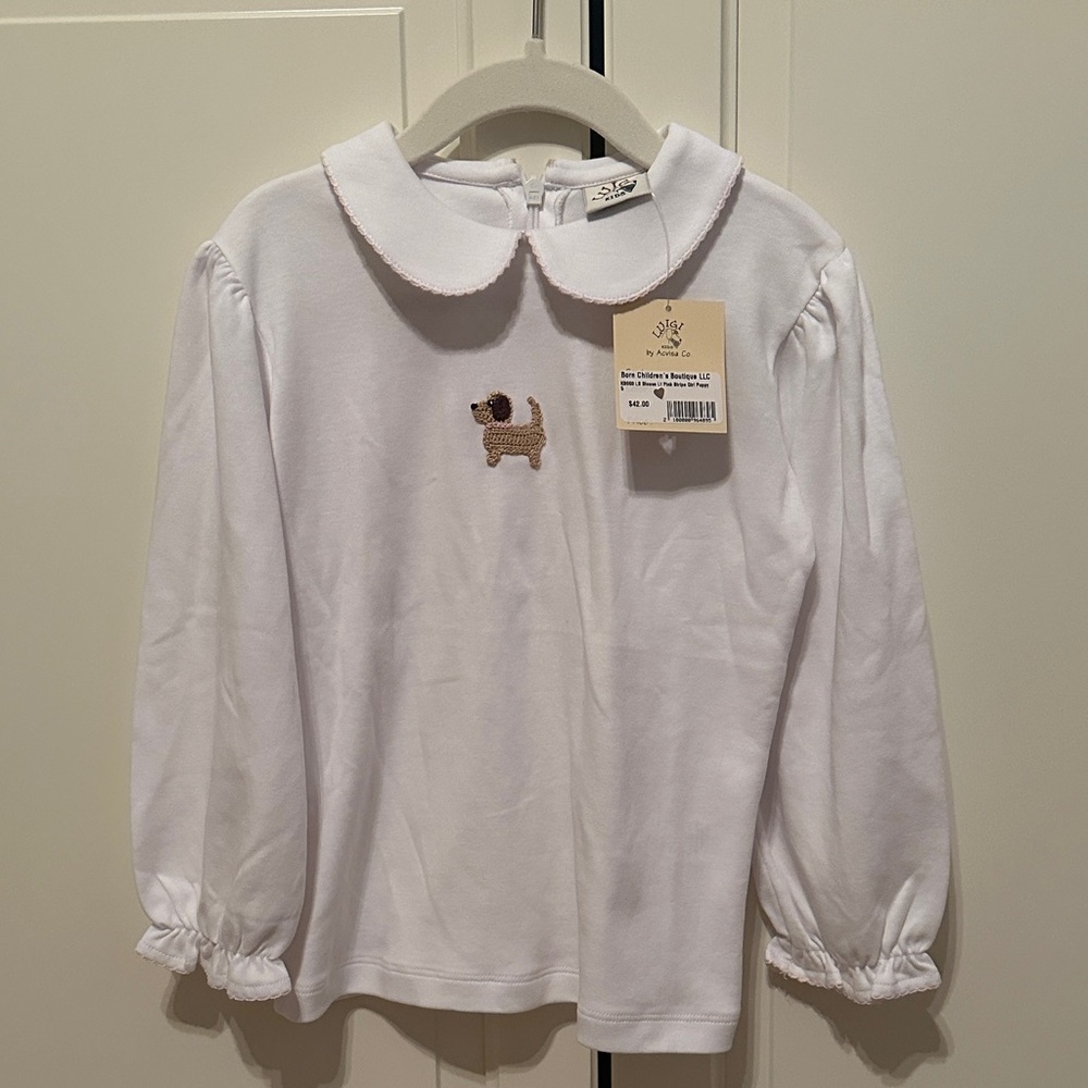 Luigi Kids Classic White Peter Pan Collar Long-Sleeve Top with Embroidered Puppy